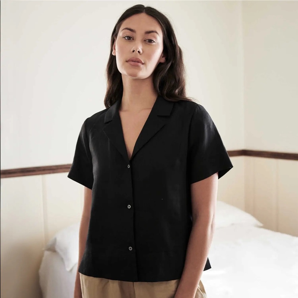 Quince 100% European Linen Short Sleeve Shirt in black sz L